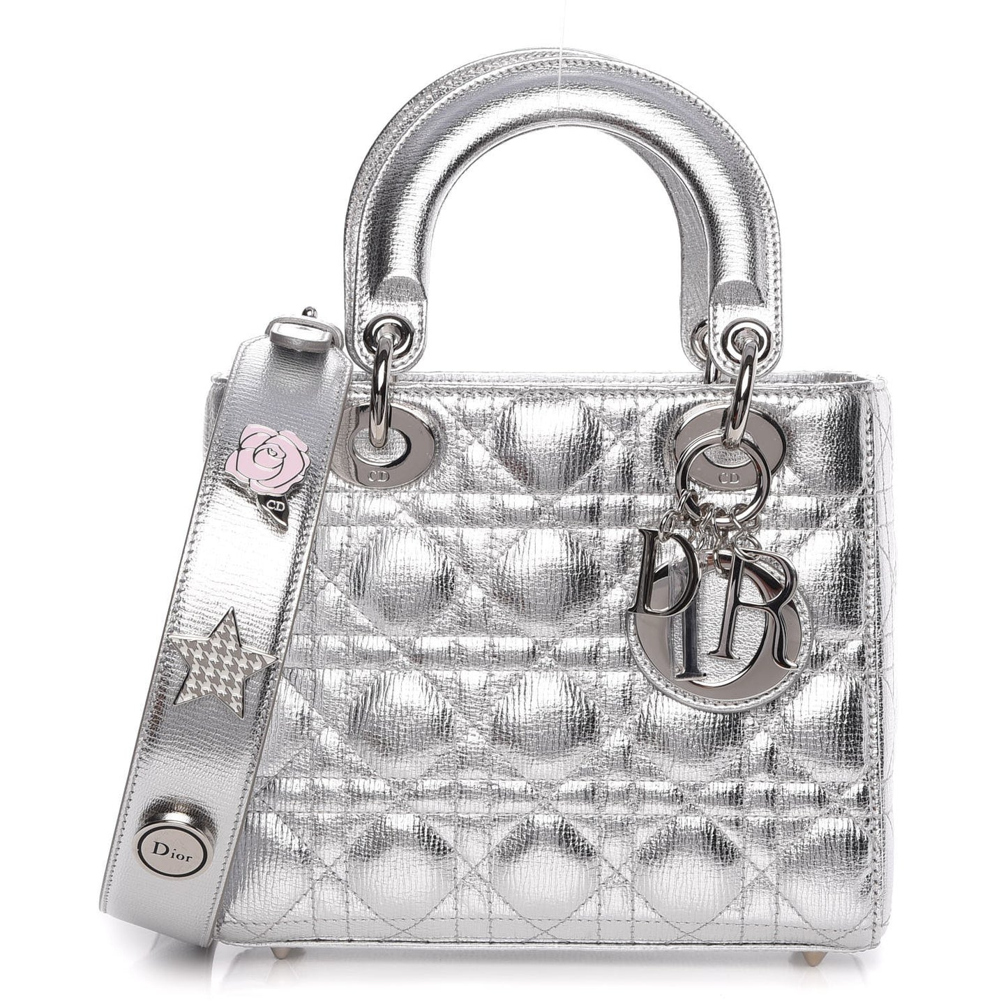 Metallic Grained Calfskin Cannage Small Lucky Badges My Lady Dior Silver