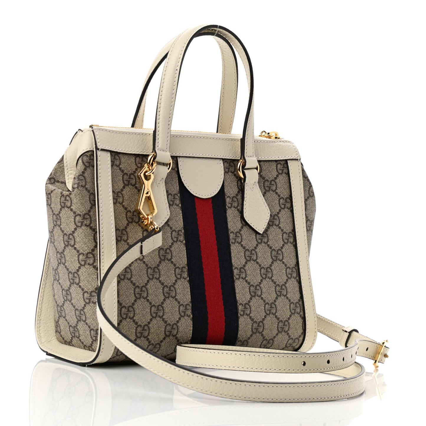 GG Supreme Monogram Textured Dollar Calfskin Web Small Ophidia Tote Bag Beige Ebony Mystic White