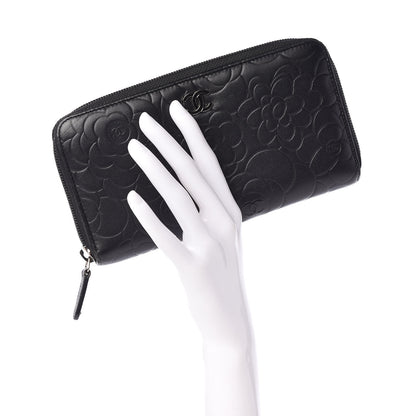 Chanel Lambskin Camellia Embossed Large Zip Around Gusset Wallet Black 2 of 13