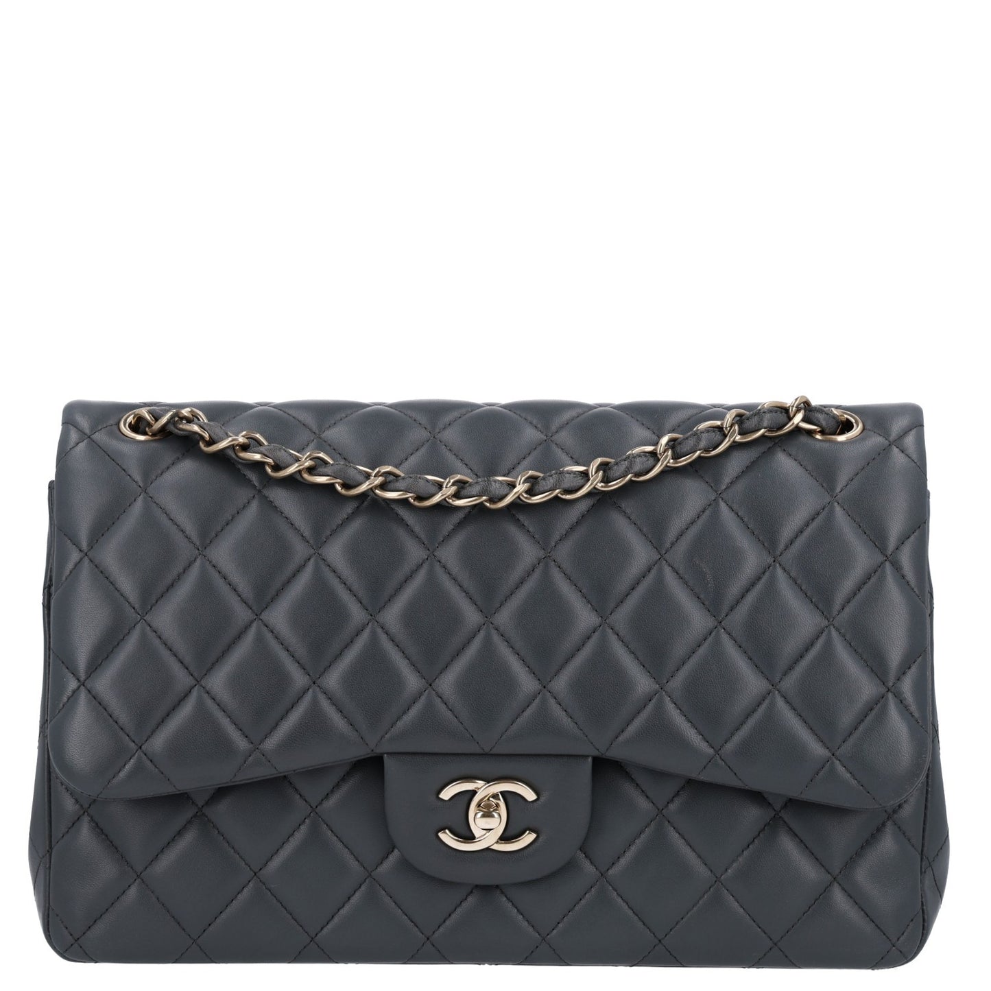 Lambskin Quilted Jumbo Double Flap Dark Grey