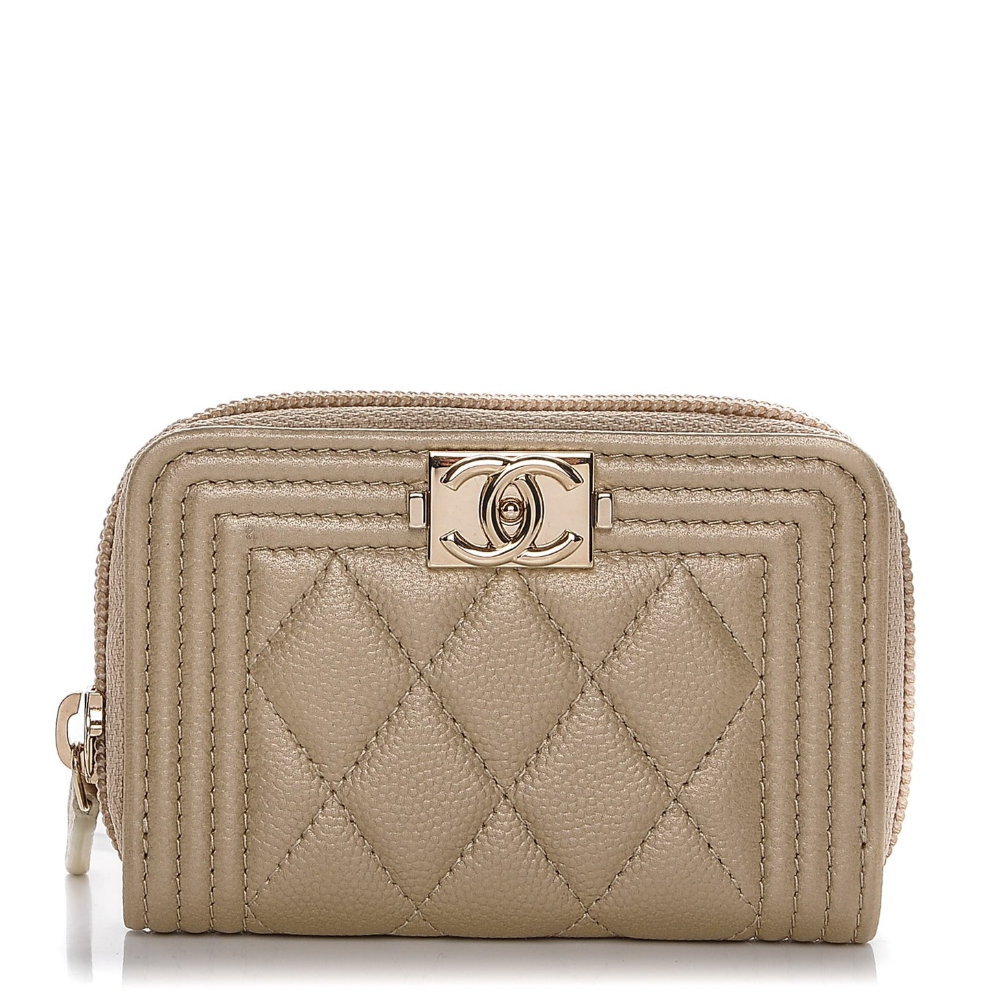 Caviar Quilted Boy Zip Around Coin Purse Wallet Light Gold
