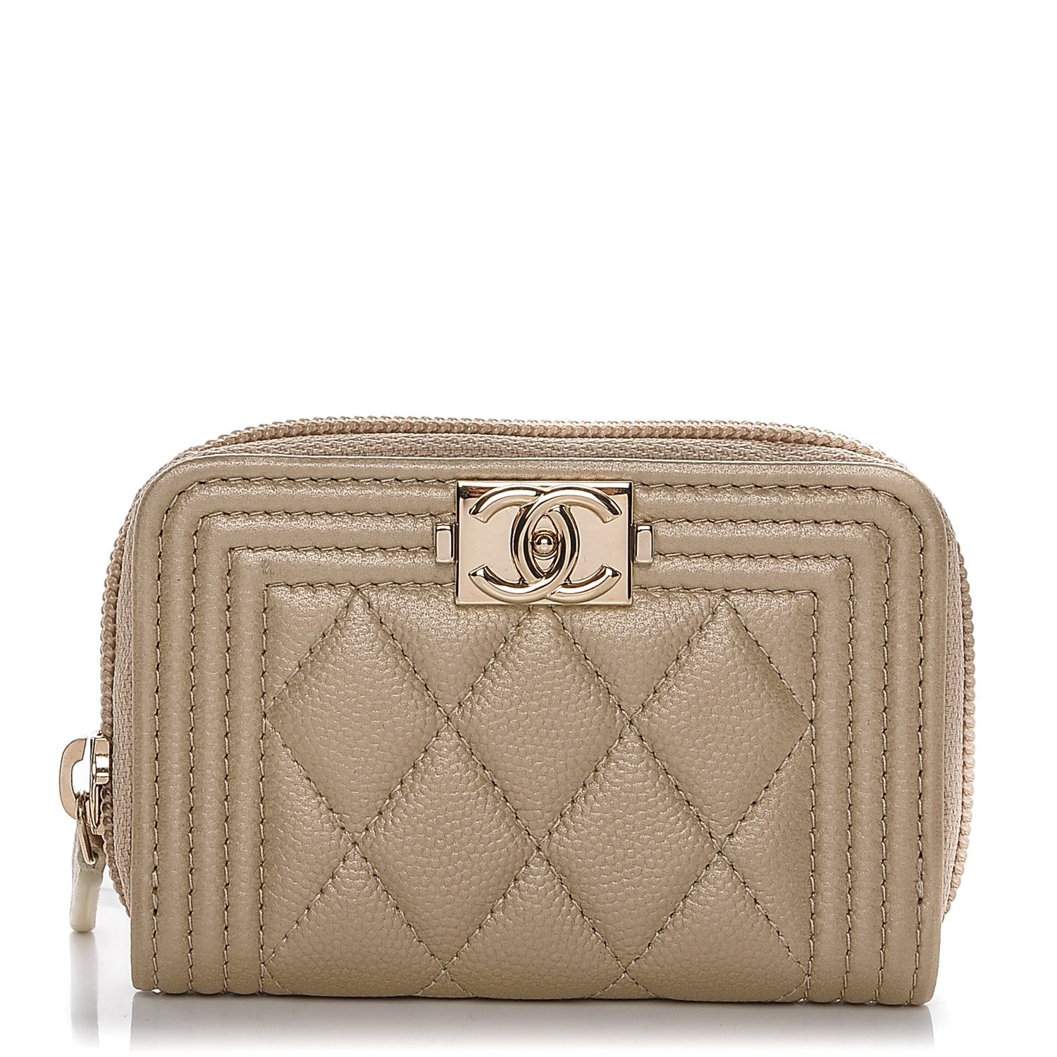 Chanel Caviar Quilted Boy Zip Around Coin Purse Wallet Light Gold 1 of 7