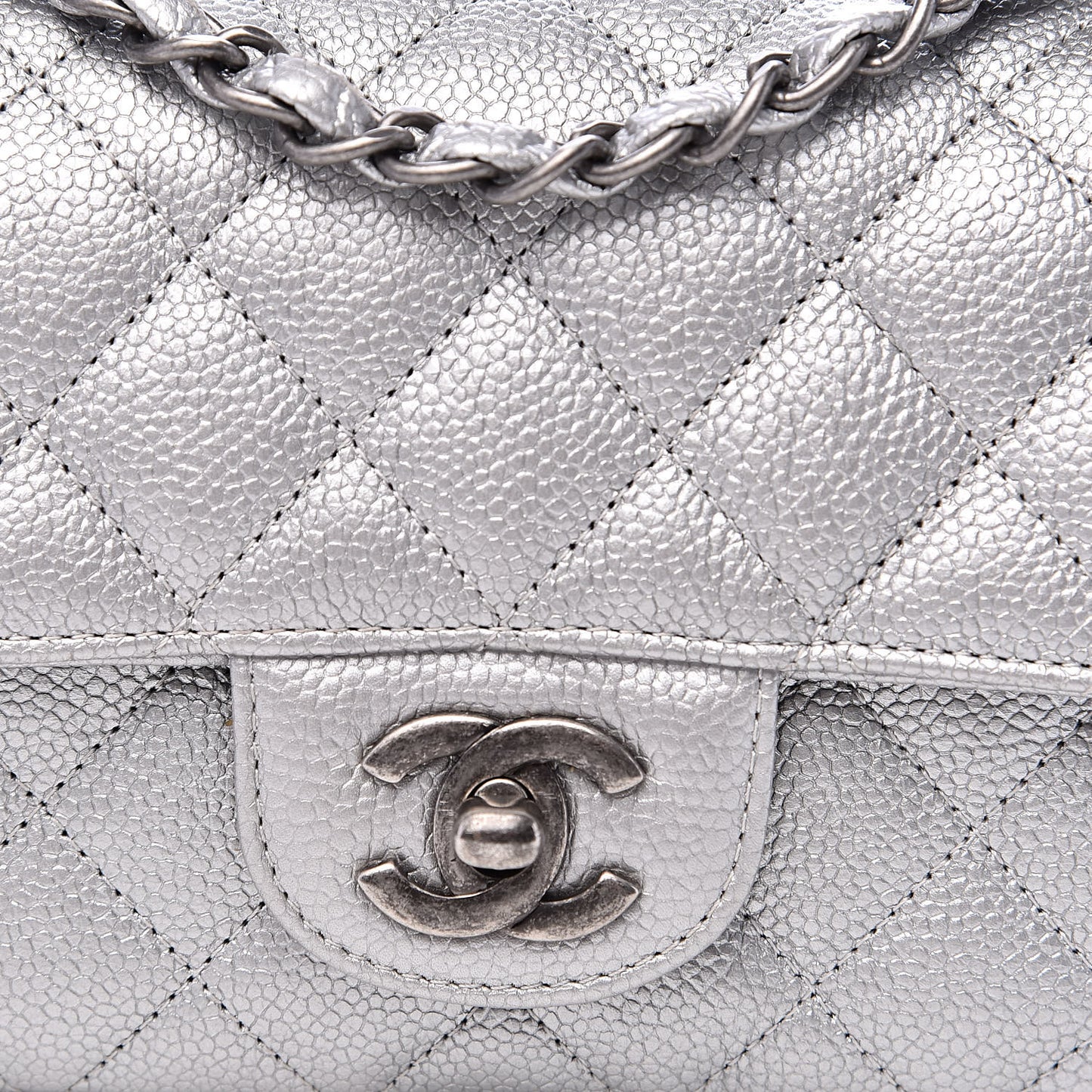 Metallic Caviar Quilted Mini Rectangular Flap Silver