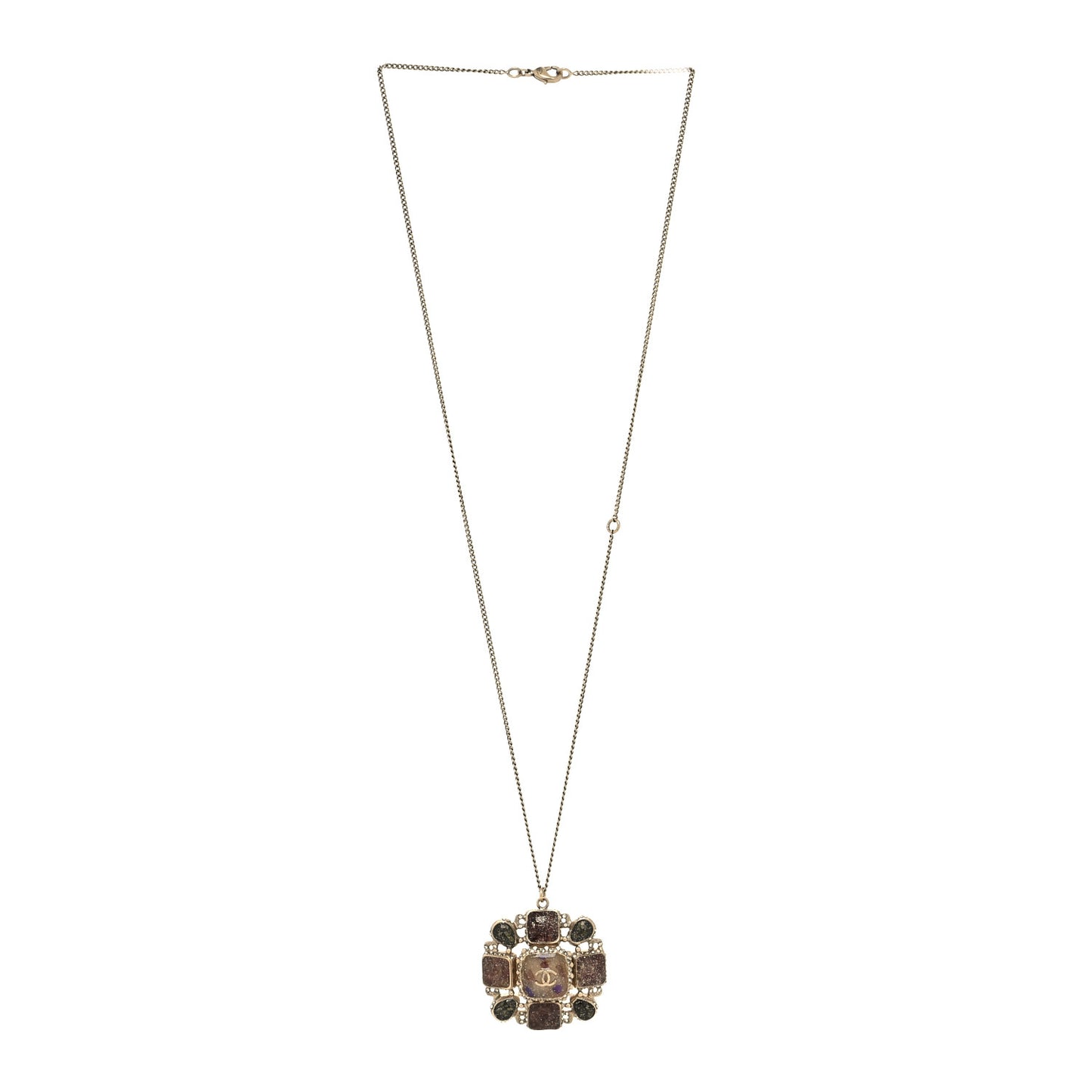 Gripoix Glitter Crystal CC Pendant Necklace Gold Multicolor