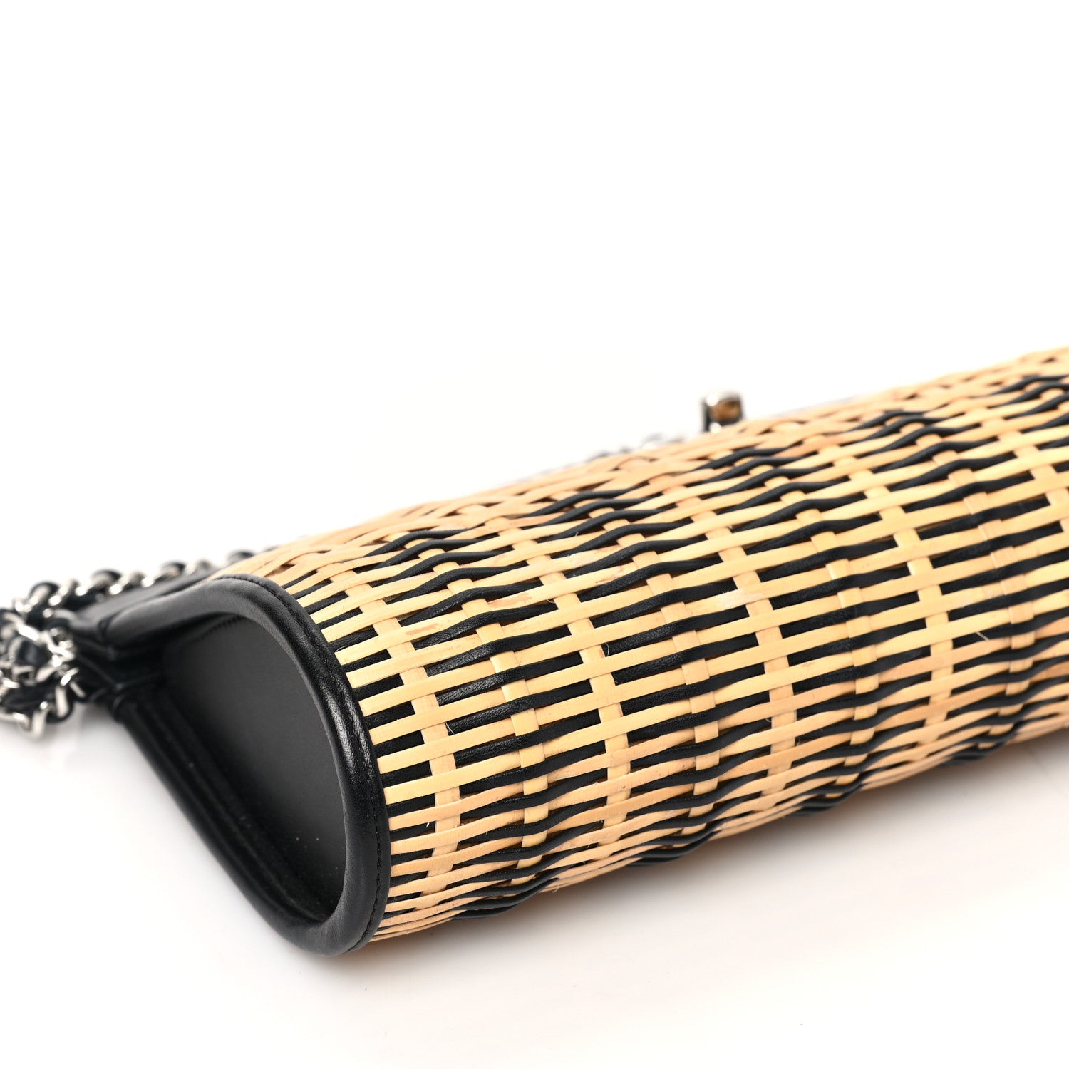 Chanel Rattan Calfskin CC Chain Wristlet Clutch Black Beige 8 of 9
