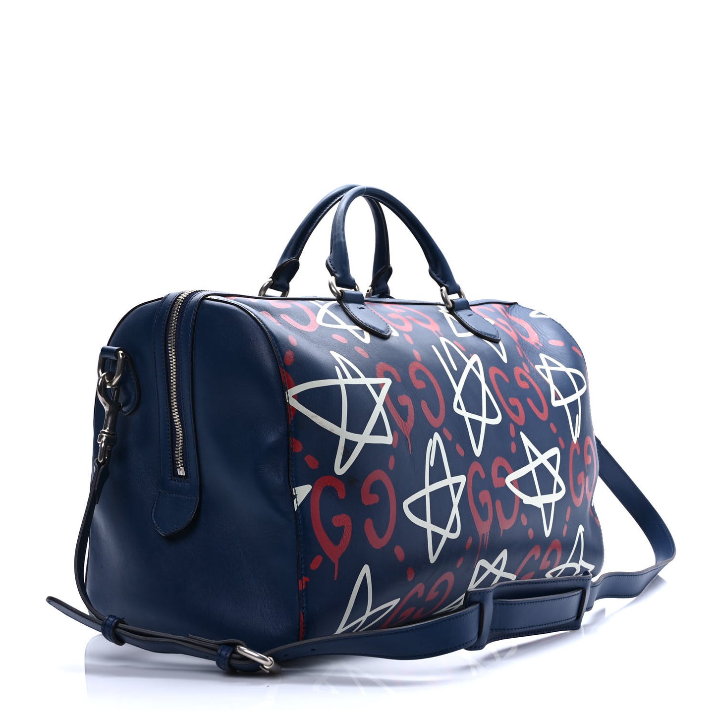 Calfskin GucciGhost Print Duffle Blue Agata Hibiscus Red