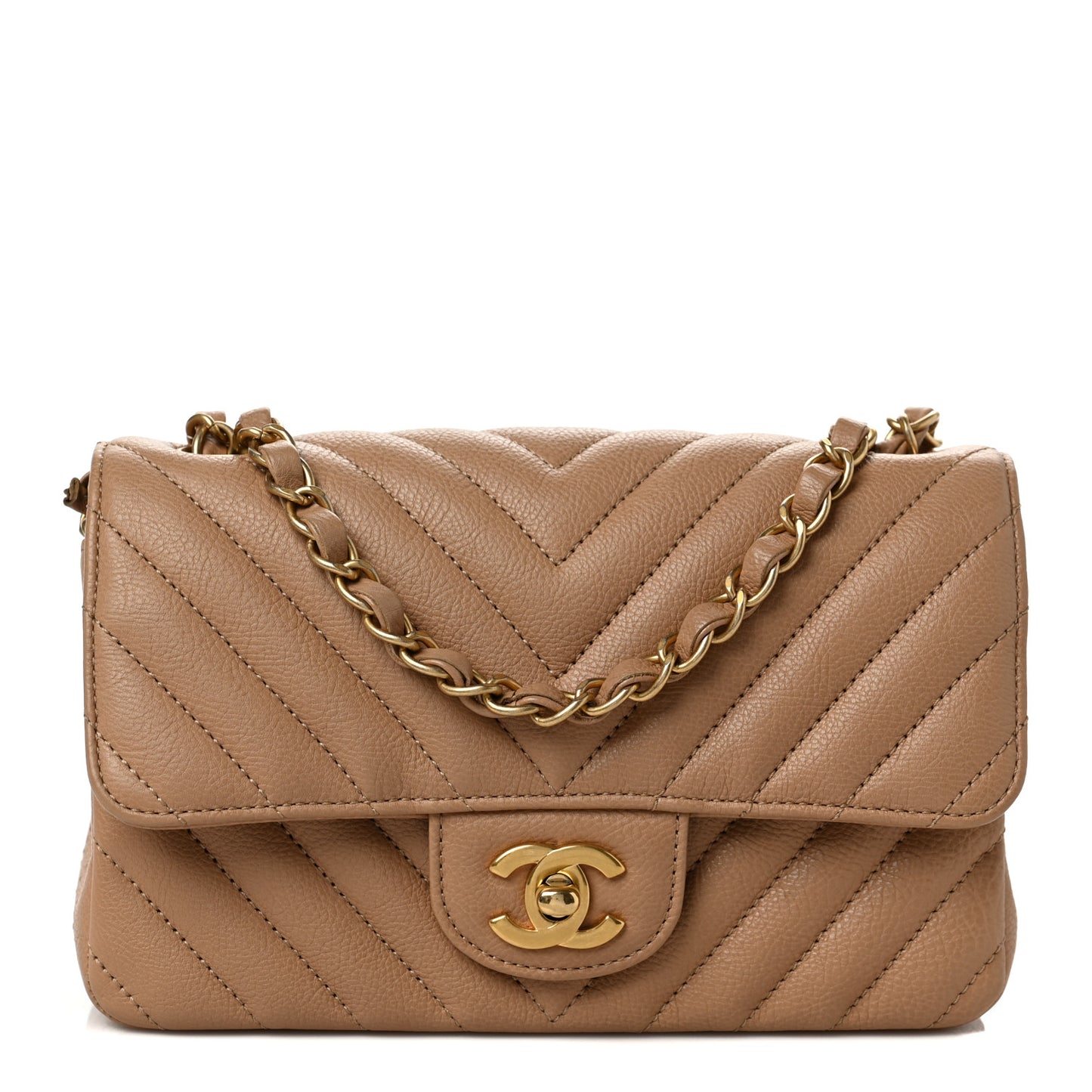 Calfskin Chevron Quilted Mini Rectangular Flap Dark Beige