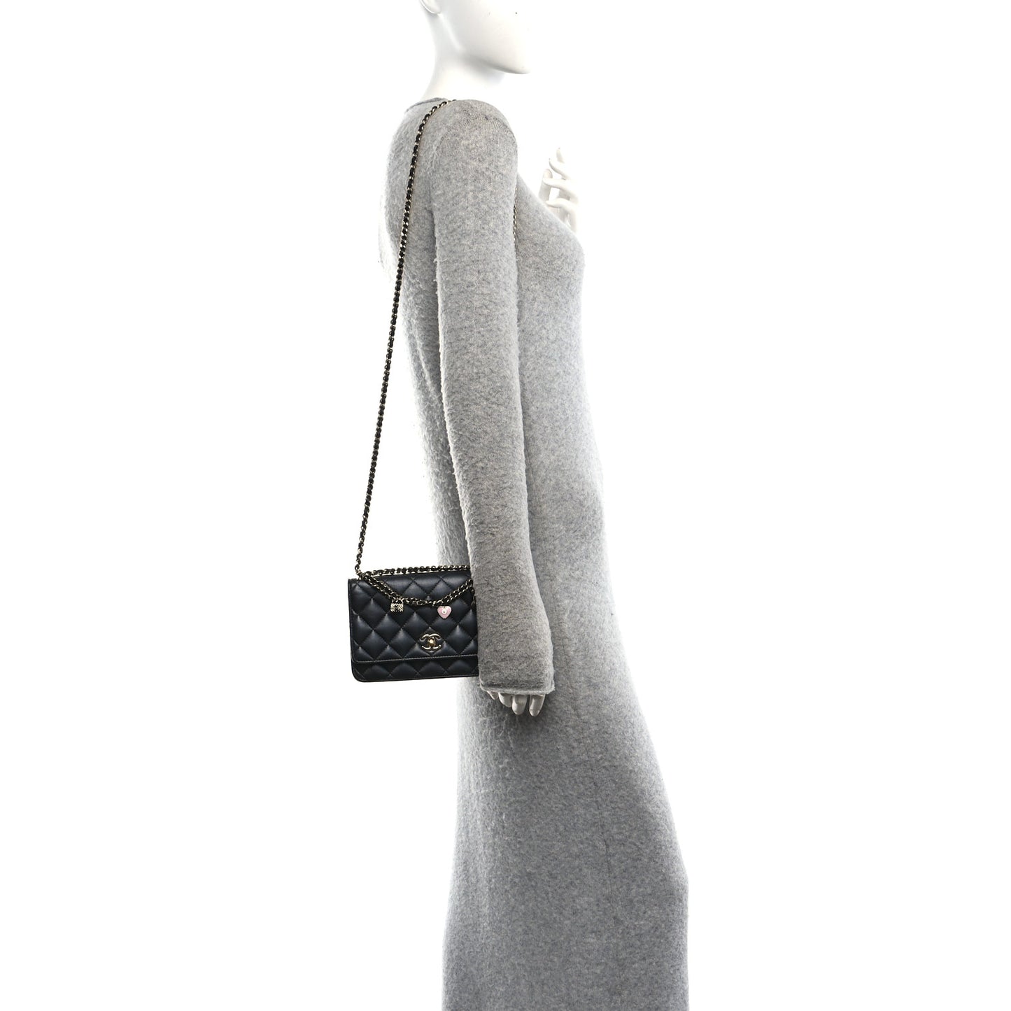 Pearly Lambskin Quilted Charms Wallet On Chain WOC Black