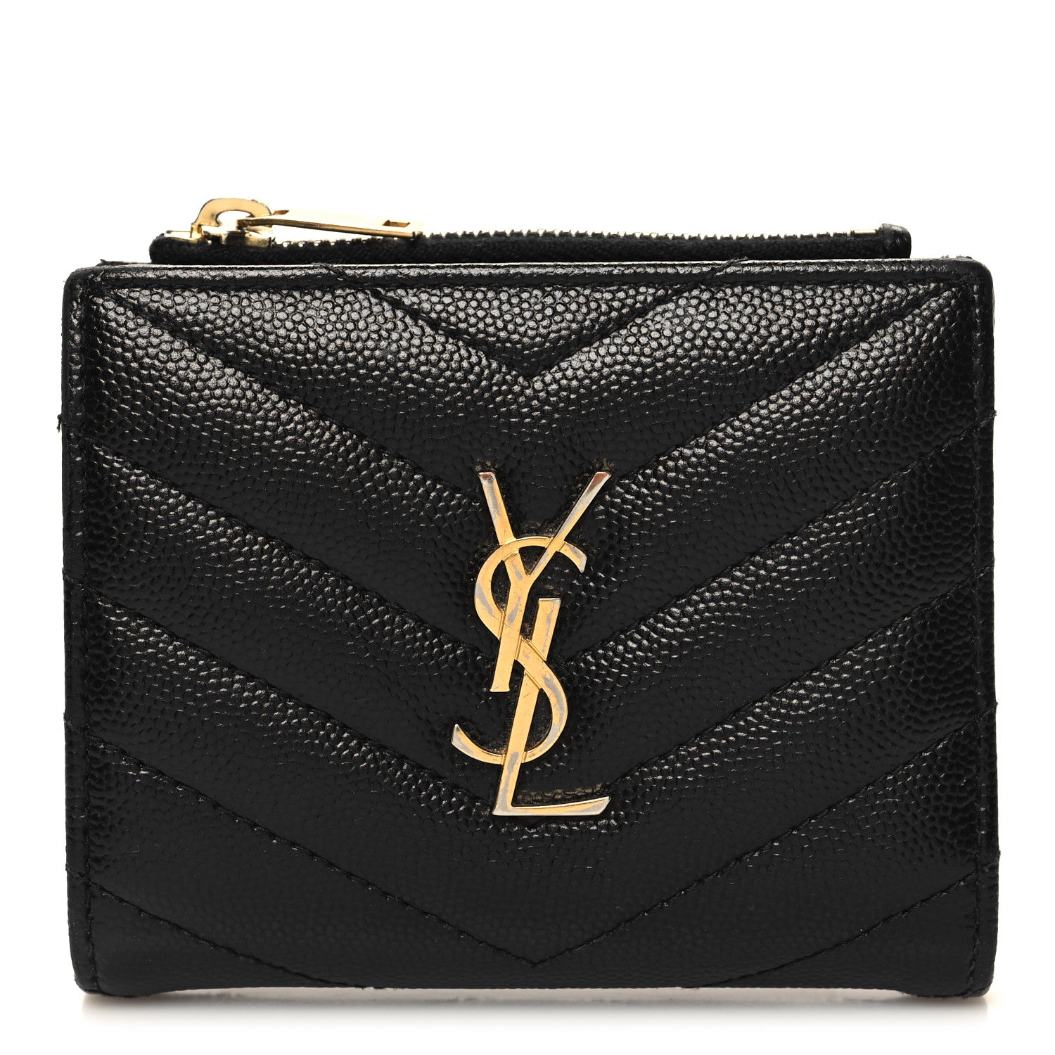 Saint Laurent Grain De Poudre Matelasse Chevron Monogram Zipped Card Case Black 1 of 9