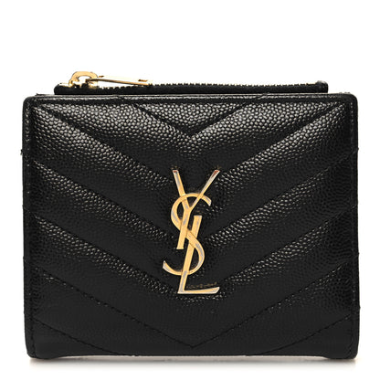 Saint Laurent Grain De Poudre Matelasse Chevron Monogram Zipped Card Case Black 1 of 9