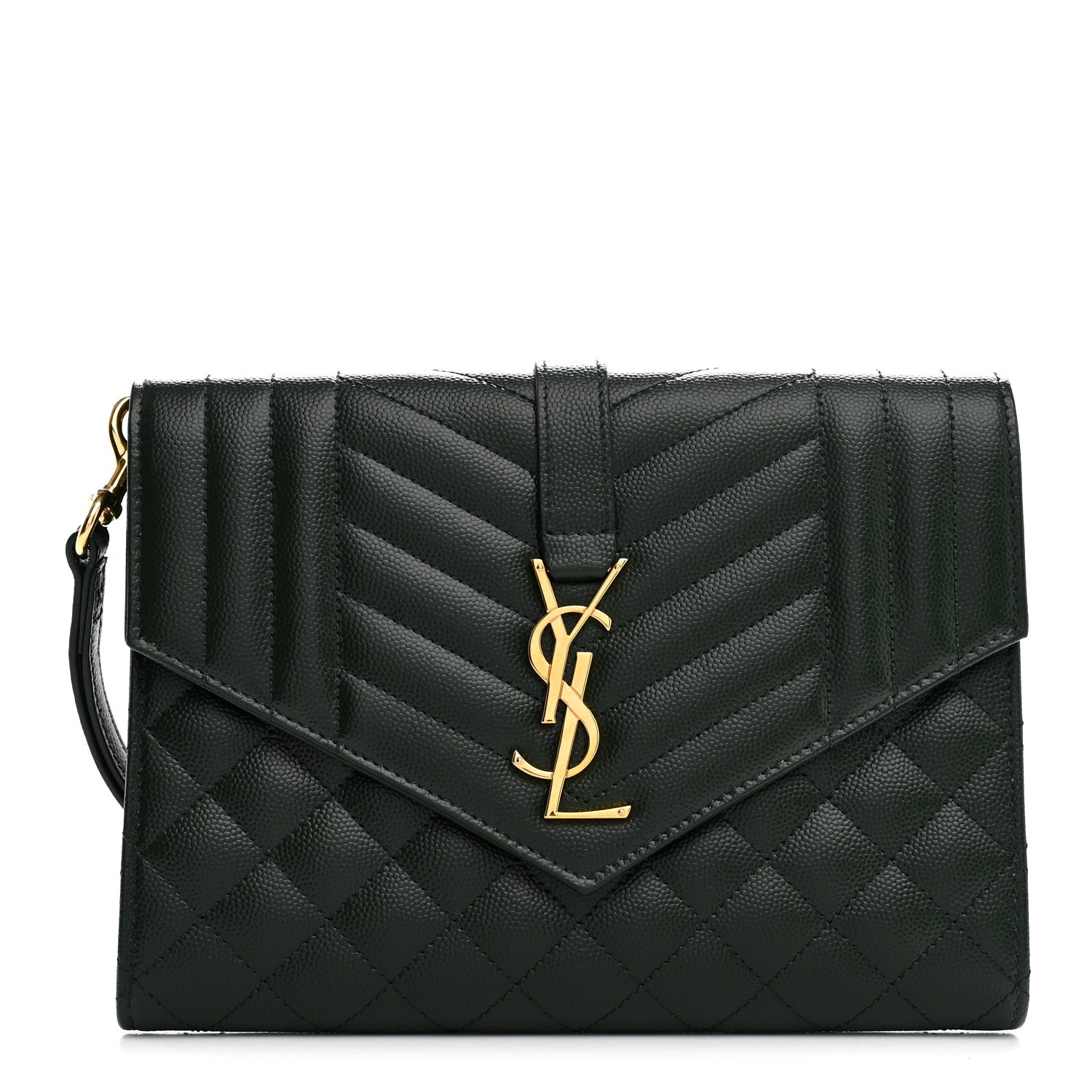 Saint Laurent Grain De Poudre Textured Mixed Matelasse Triquilt Monogram Clutch Vert Fonce 1 of 8