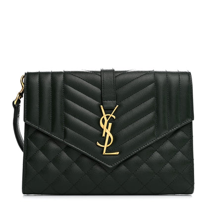 Saint Laurent Grain De Poudre Textured Mixed Matelasse Triquilt Monogram Clutch Vert Fonce 1 of 8