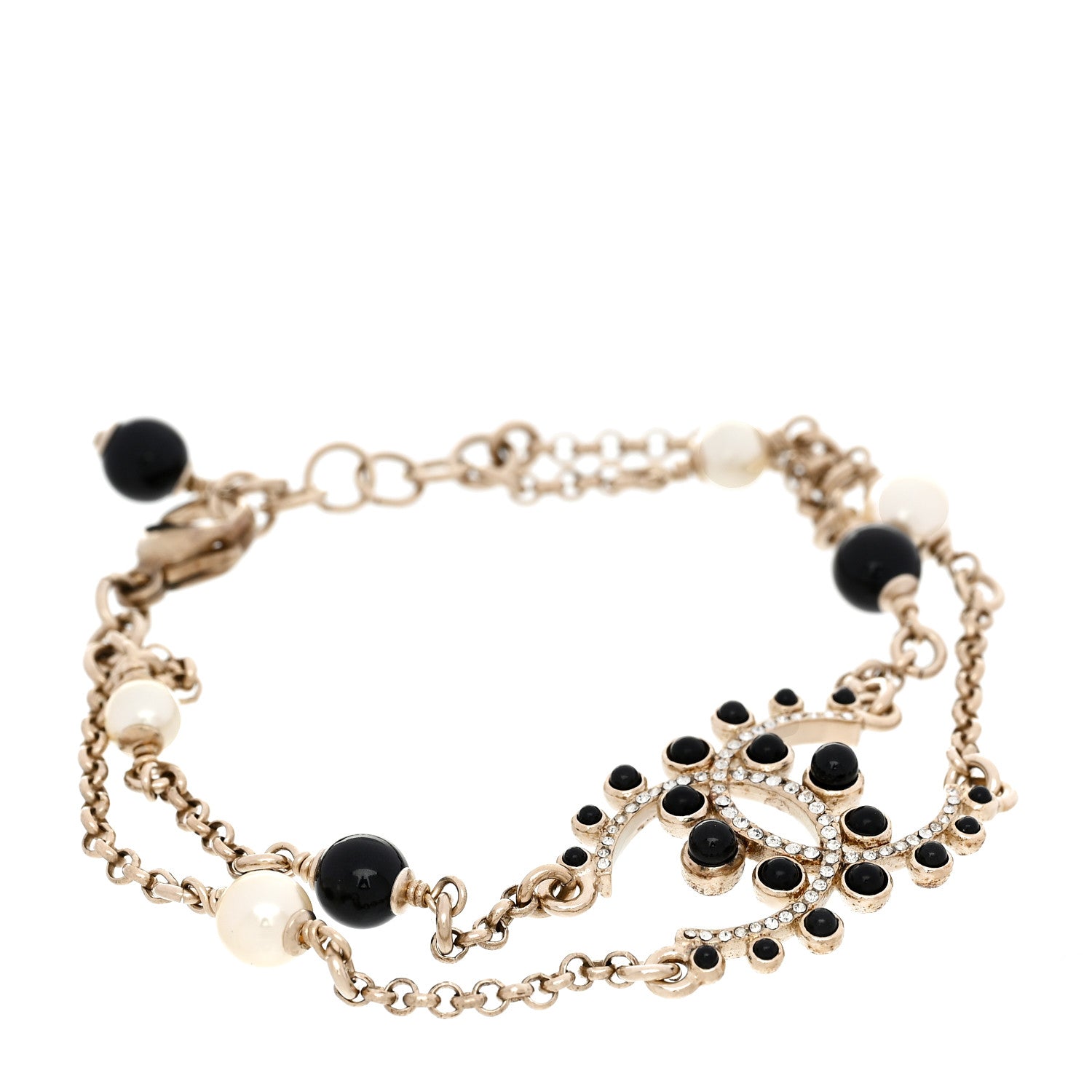 Chanel Crystal Enamel Pearl CC Bracelet Black Gold 1 of 5