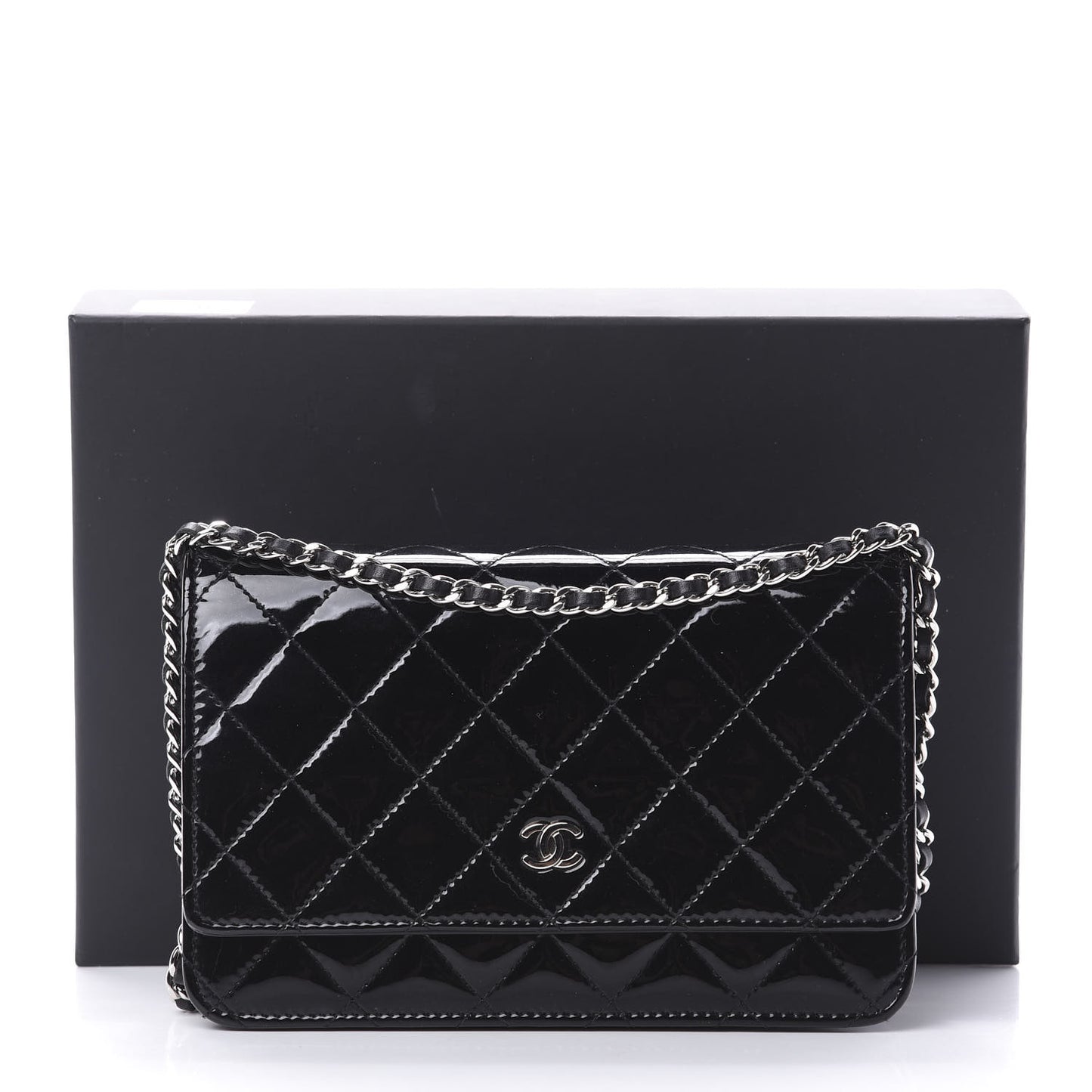 Patent Quilted Wallet On Chain WOC Black