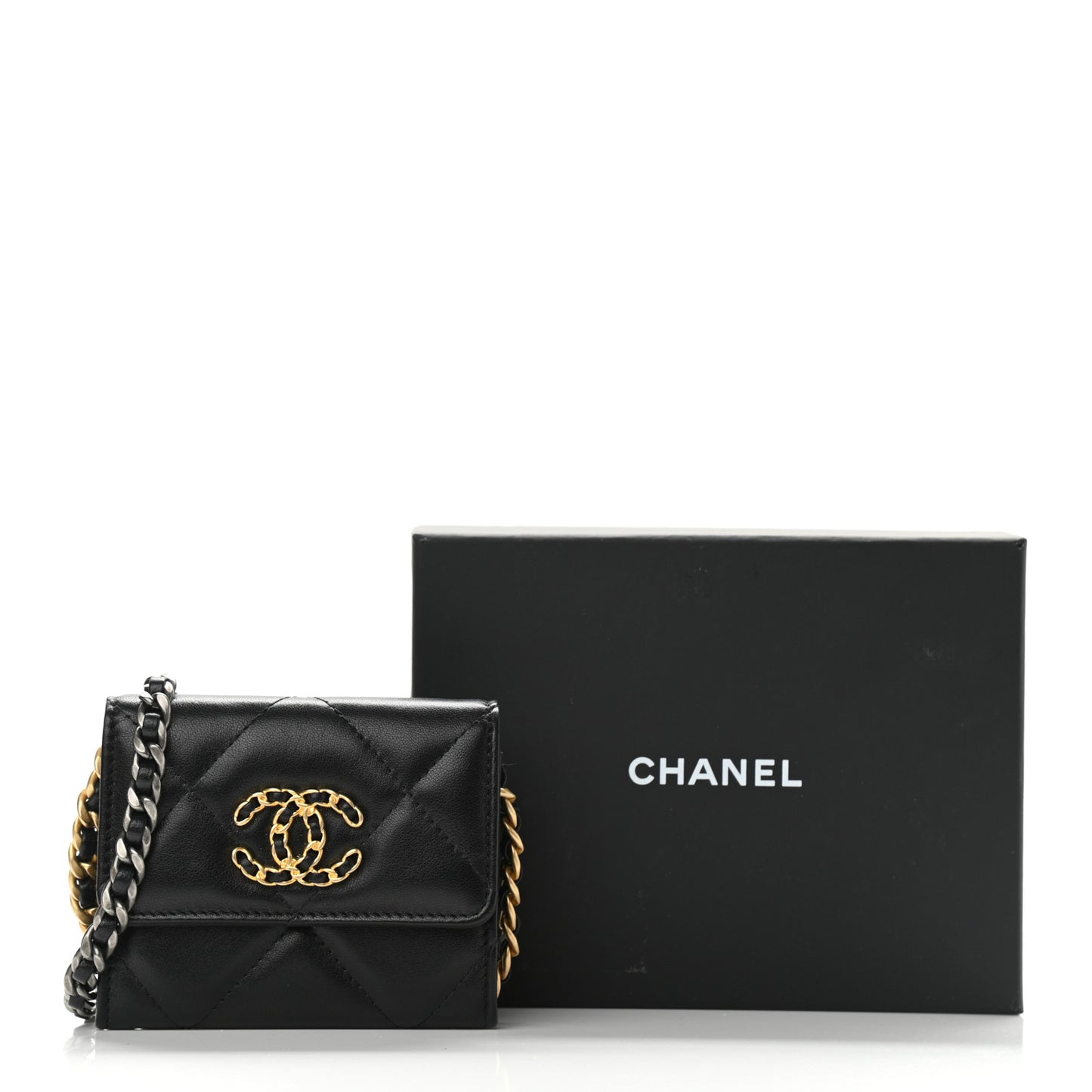 Lambskin Quilted Chanel 19 Flap Coin Purse With Chain Black