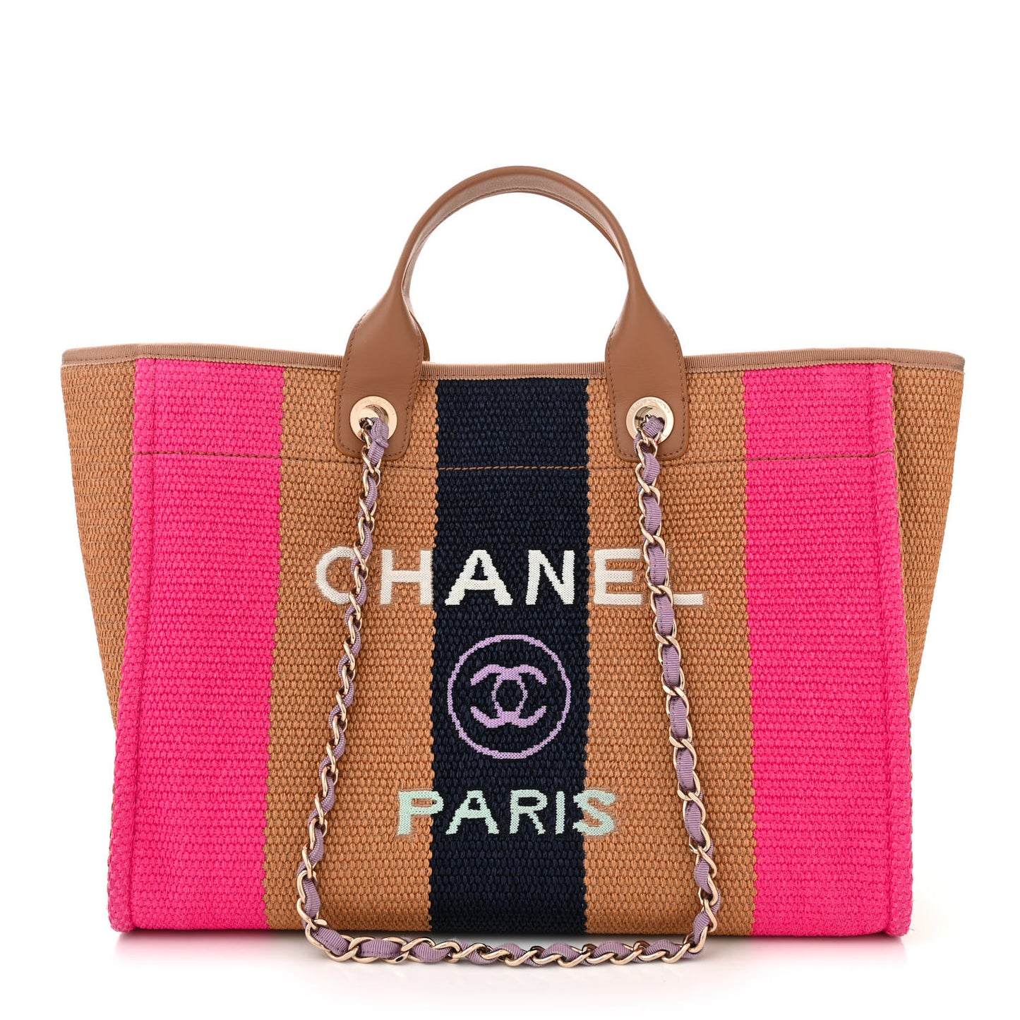 Straw Raffia Calfskin Striped Medium Deauville Tote Dark Beige Fuchsia Navy Blue