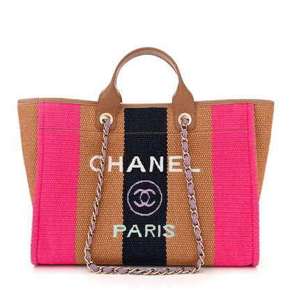 Chanel Straw Raffia Calfskin Striped Medium Deauville Tote Dark Beige Fuchsia Navy Blue 1 of 10