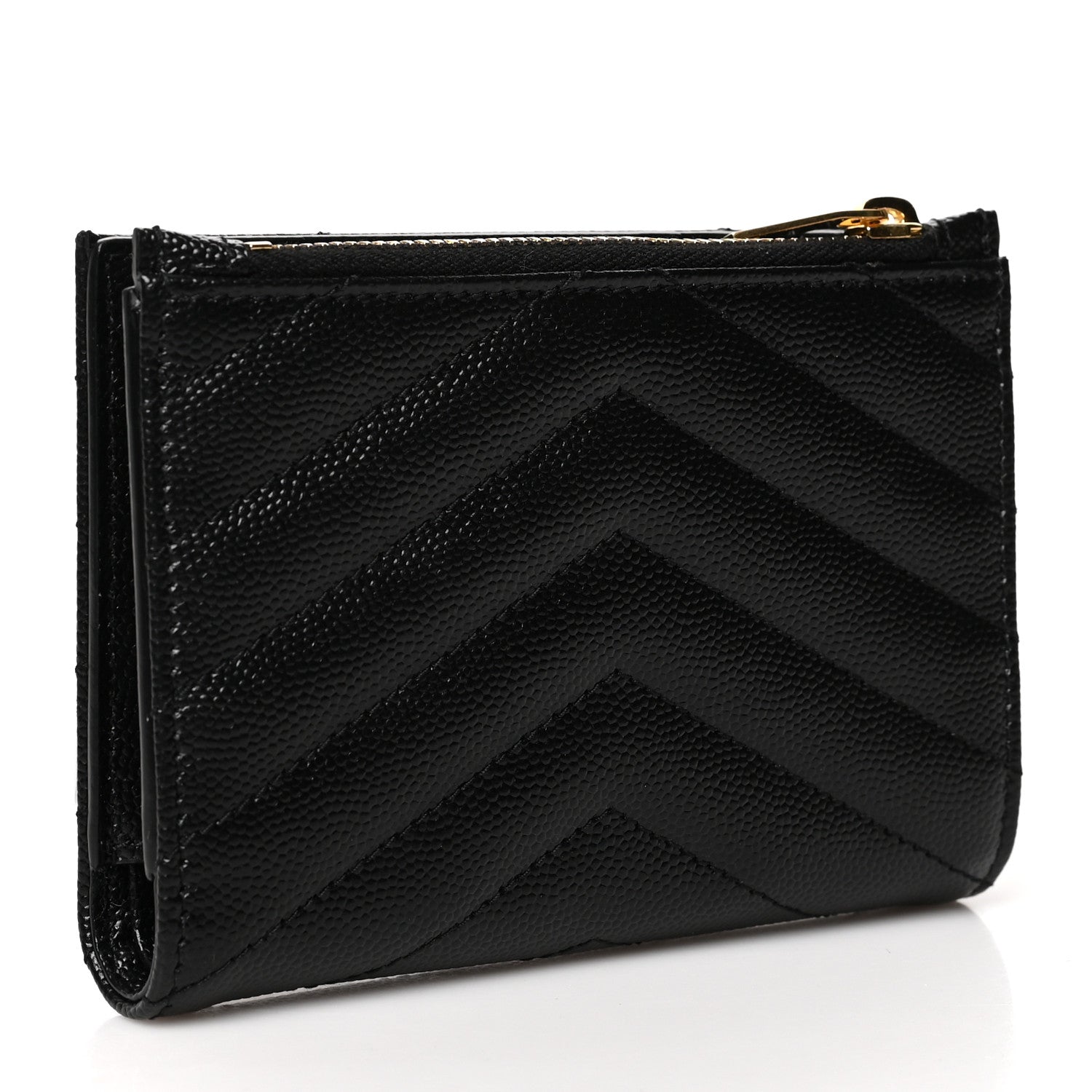 Saint Laurent Grain De Poudre Matelasse Chevron Monogram Zipped Card Case Black 3 of 7