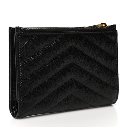 Saint Laurent Grain De Poudre Matelasse Chevron Monogram Zipped Card Case Black 3 of 7