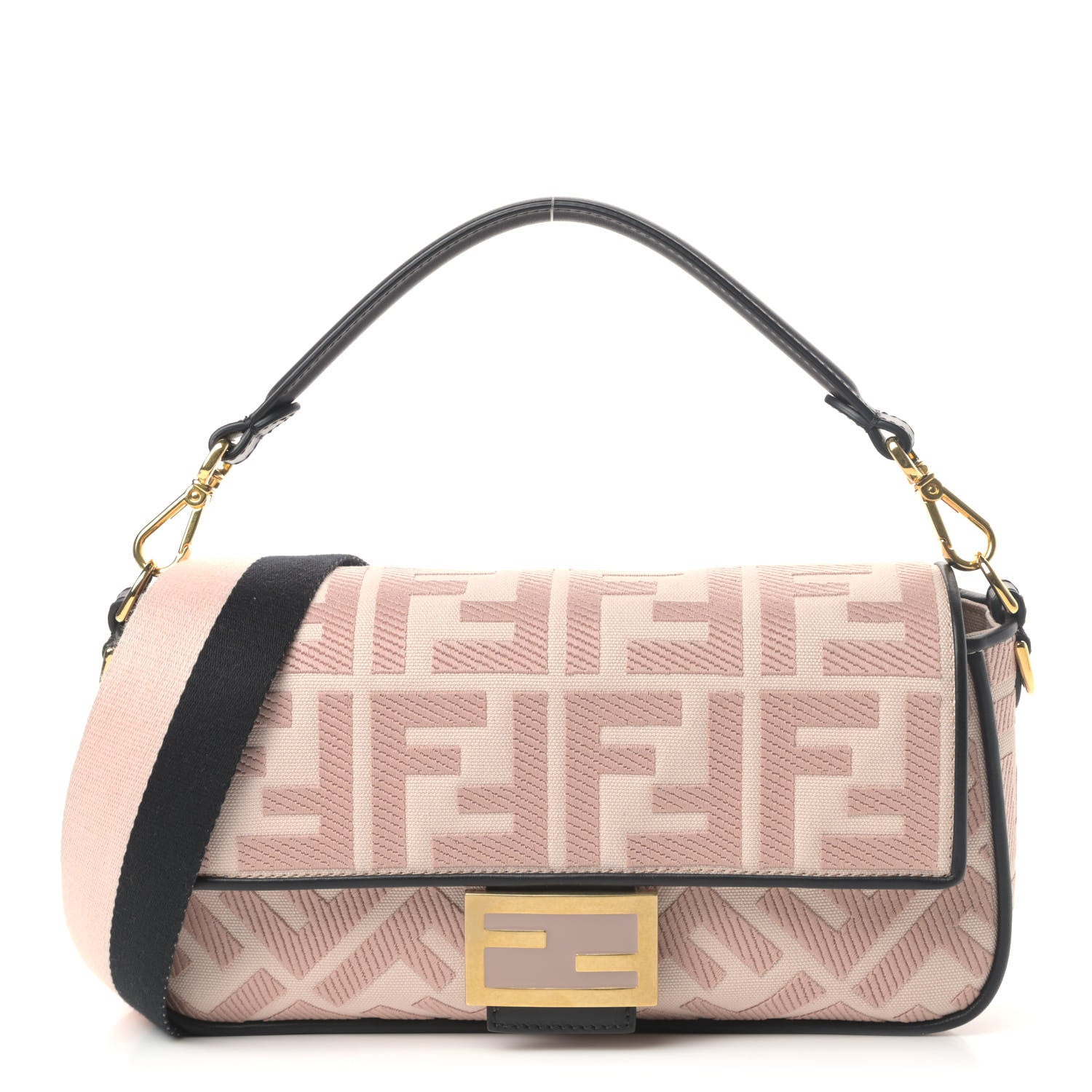 Fendi Canvas Vitello King FF Embroidered Baguette Rosa Quarzo Black 1 of 4