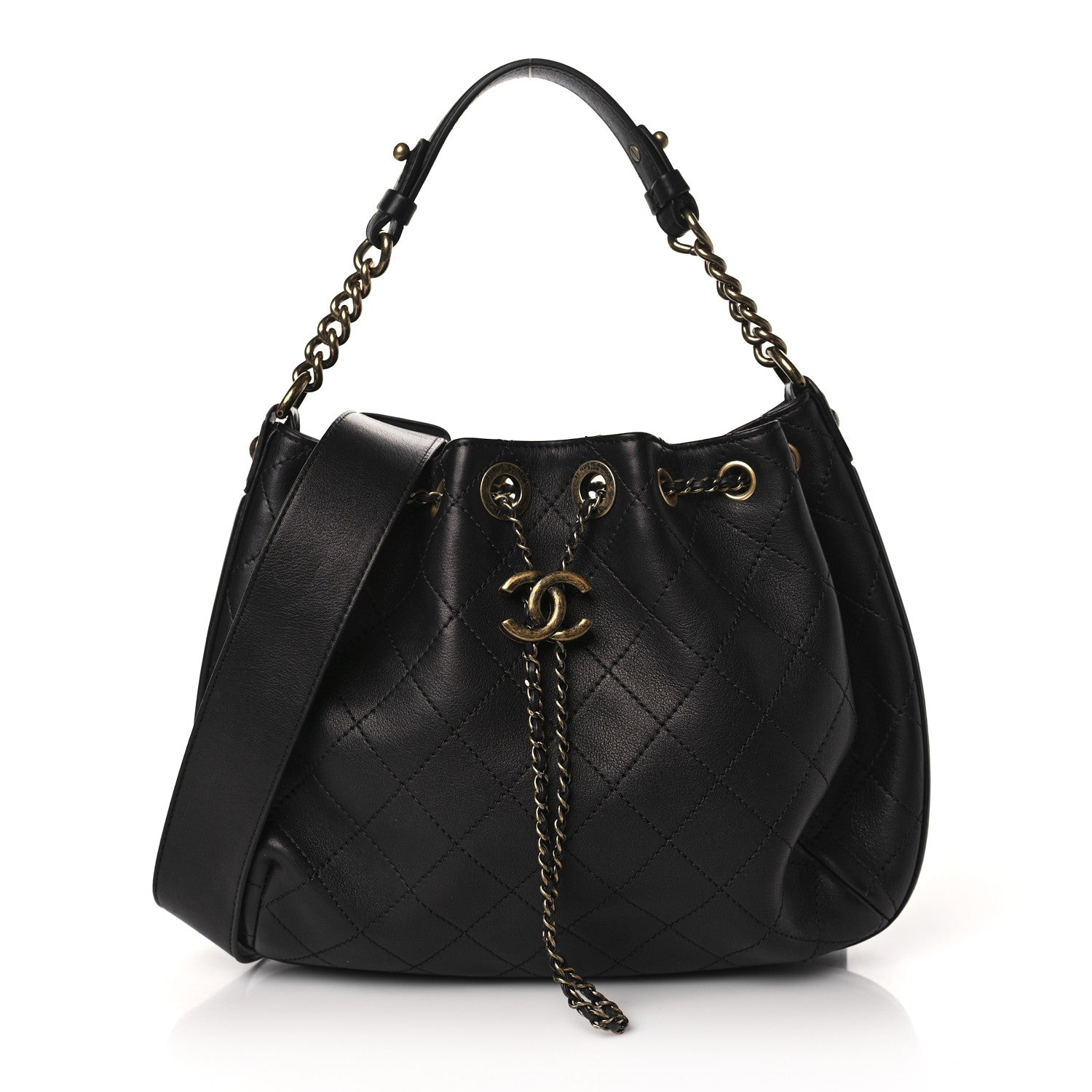 Chanel Calfskin Stitched Small Paris Rome Drawstring CC Bag Black 1 of 9