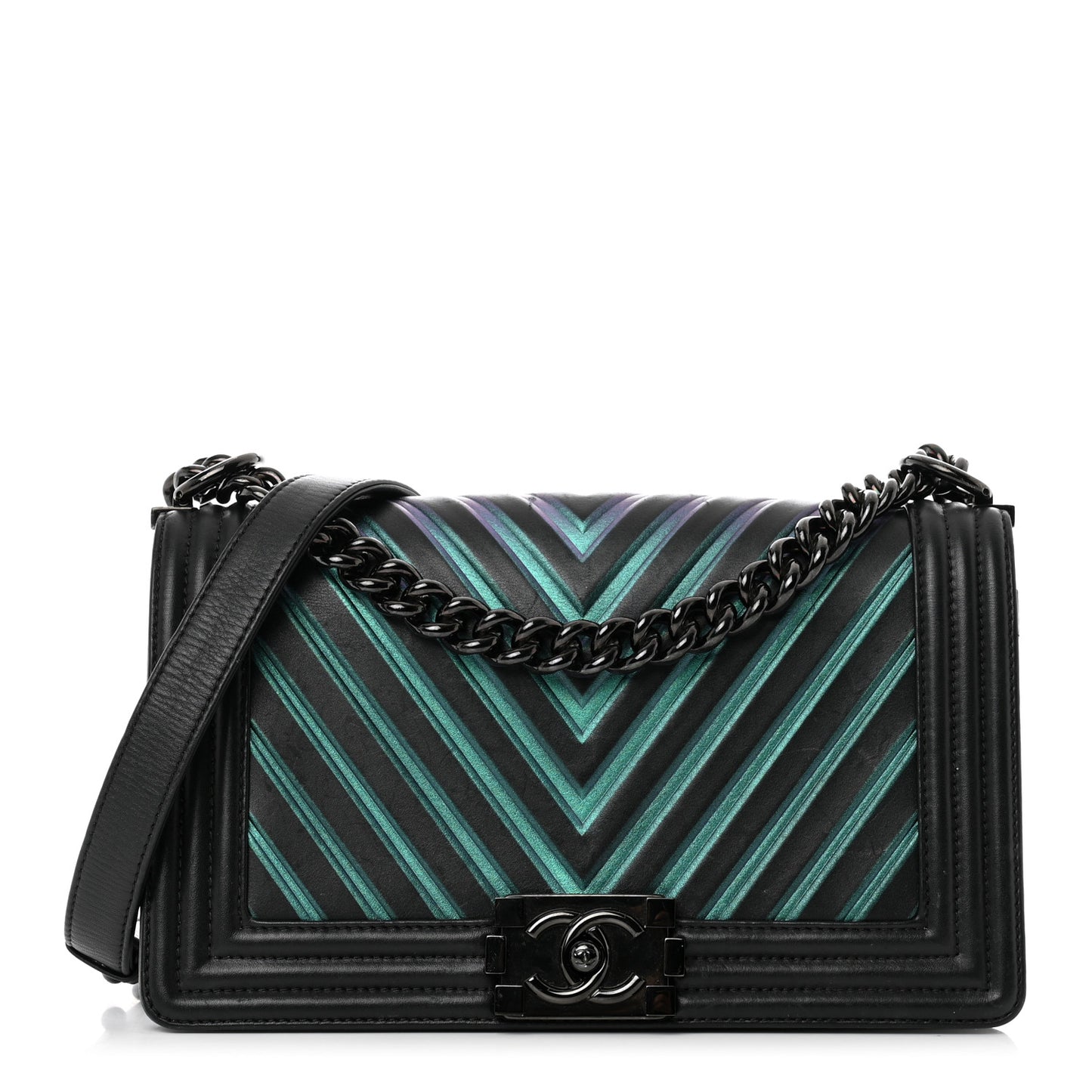 Calfskin Painted Chevron Embossed Medium Boy Flap Black