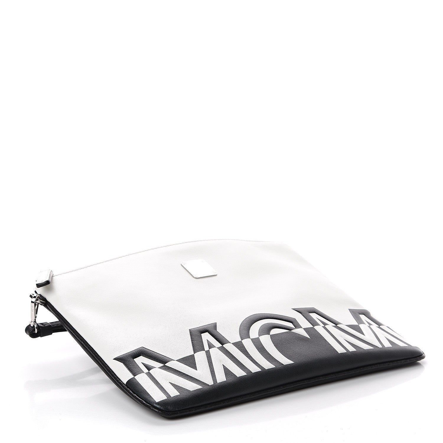 MCM Calfskin Wristlet Logo Pouch Black White 3 of 6