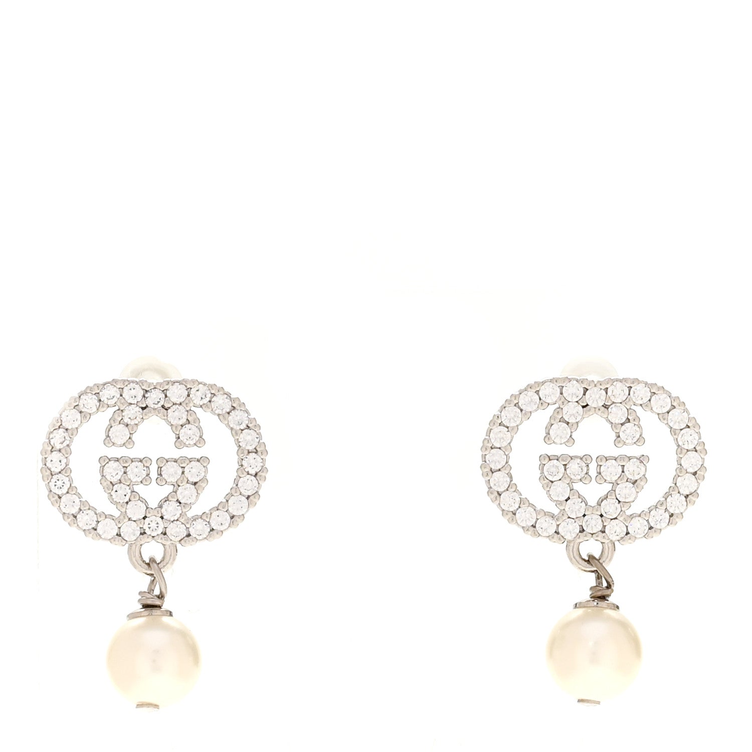 Gucci Palladium Crystal Pearl Interlocking G Earrings 1 of 4
