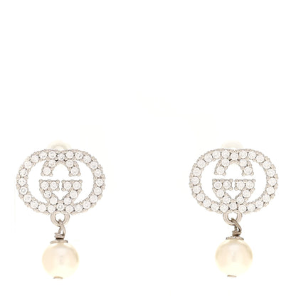 Gucci Palladium Crystal Pearl Interlocking G Earrings 1 of 4