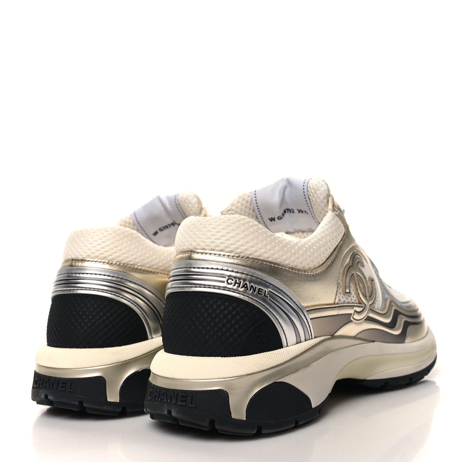 Chanel Fabric Laminated Calfskin Stretch CC Sneakers 39.5 White Gold Silver 4 of 9