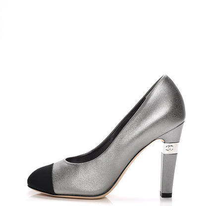 Chanel Metallic Calfskin Grosgrain Cap Toe Pumps 35 Silver Black 1 of 7
