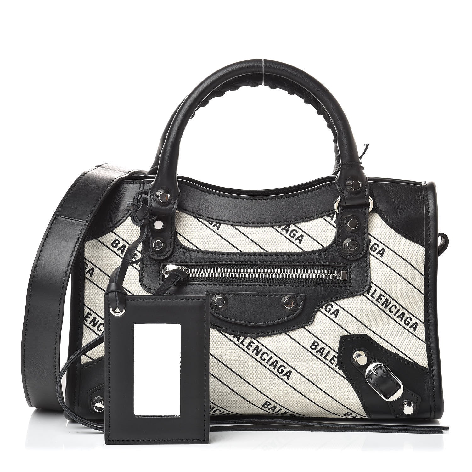 Balenciaga Canvas Satin Calfskin Diagonal Allover Logo Print Classic Silver Hardware Mini City Natural Black 1 of 10