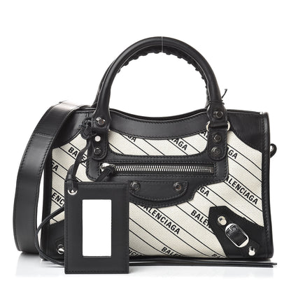 Balenciaga Canvas Satin Calfskin Diagonal Allover Logo Print Classic Silver Hardware Mini City Natural Black 1 of 10