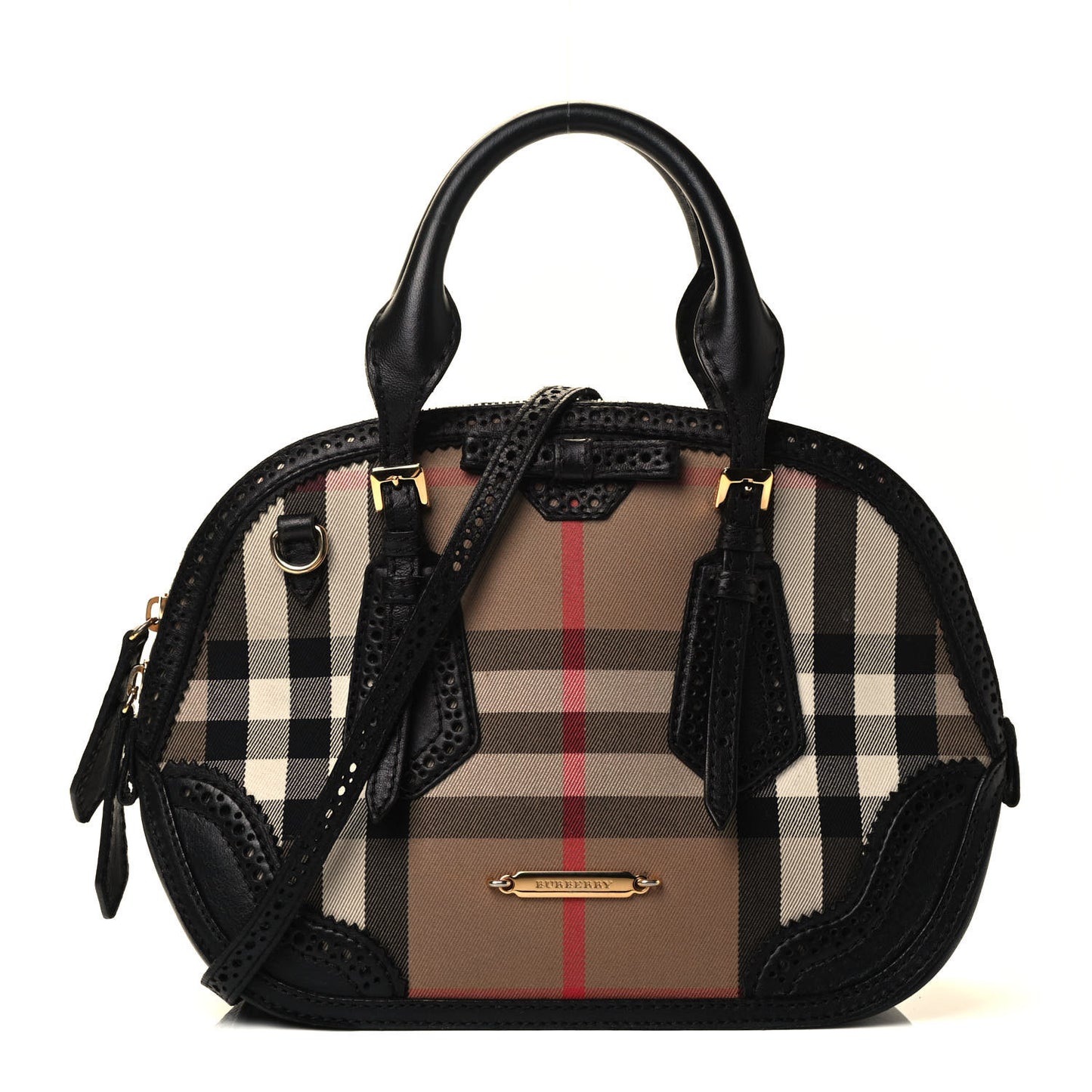 House Check Calfskin Broguing Small Orchard Bowling Bag Black
