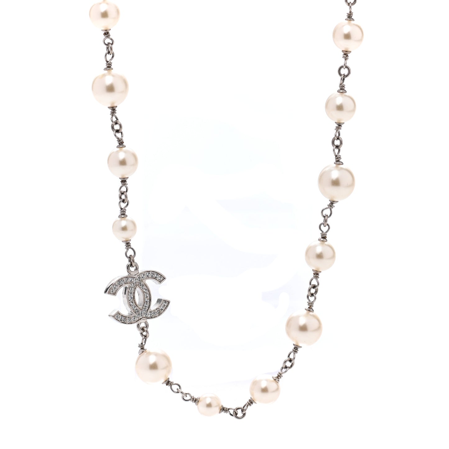 Graduated Pearl Crystal CC Long Necklace Silver