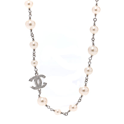 Chanel Graduated Pearl Crystal CC Long Necklace Silver 4 of 7
