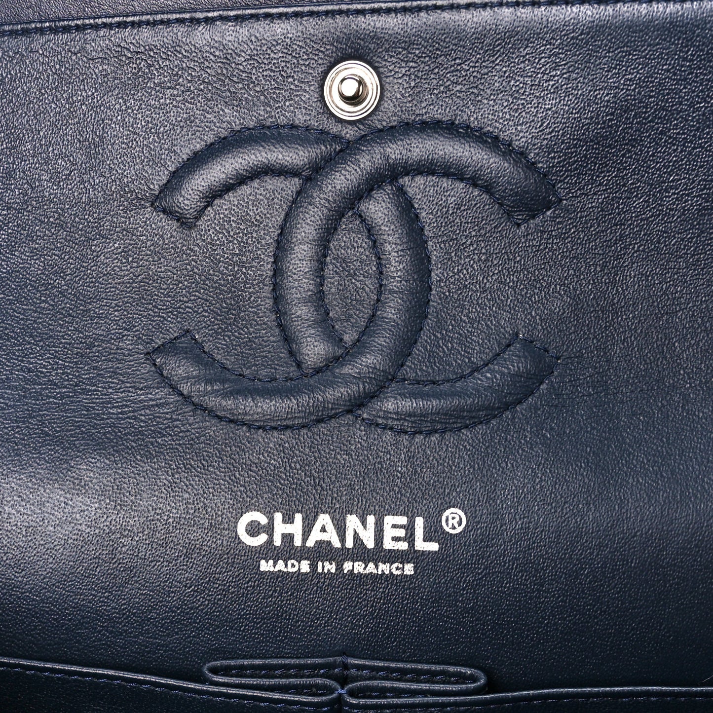Patent Calfskin Quilted Bi-Color Medium Double Flap Navy Blue Black