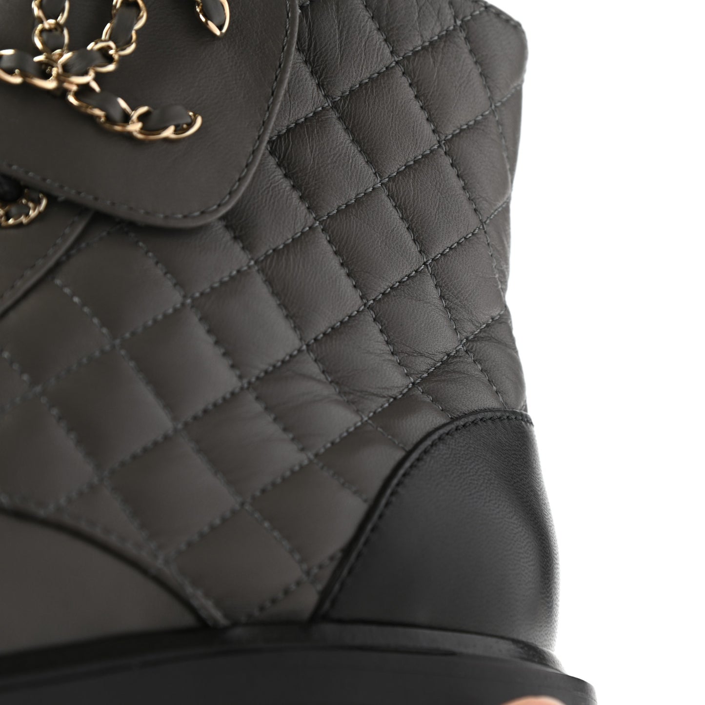 Shiny Lambskin Quilted Lace Up Combat Boots 38.5 Grey Black