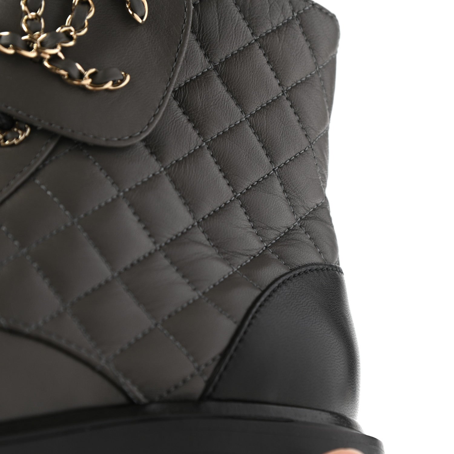 Chanel Shiny Lambskin Quilted Lace Up Combat Boots 38.5 Grey Black 12 of 13