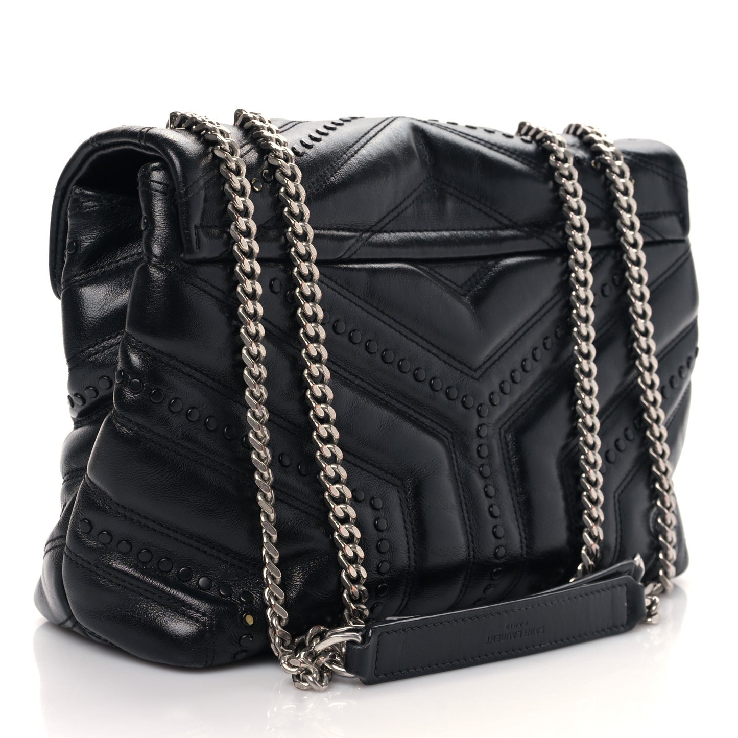 Calfskin Y Quilted Studded Monogram Small Loulou Chain Satchel Black