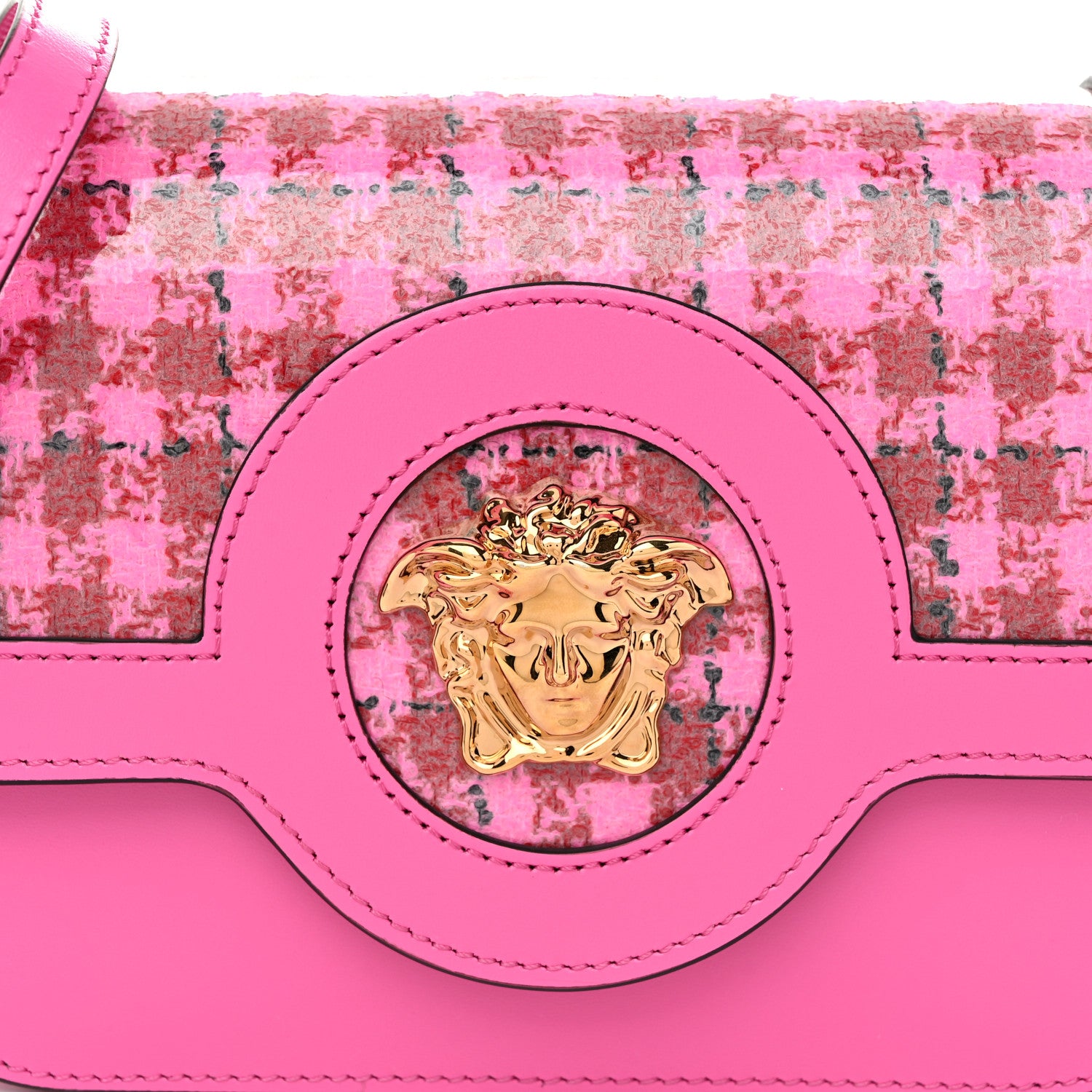 Versace Calfskin Vinyl Small Houndstooth La Medusa Crossbody Bag Pink Multicolor 7 of 9