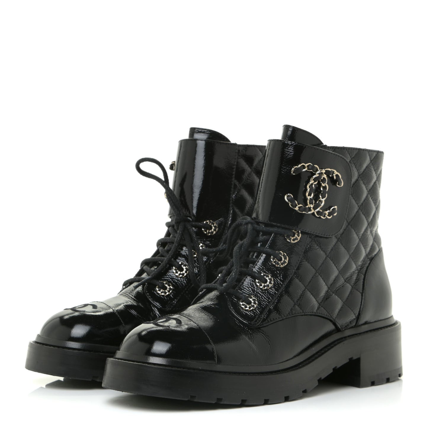 Shiny Calfskin Quilted Lace Up Combat Boots 38.5 Black