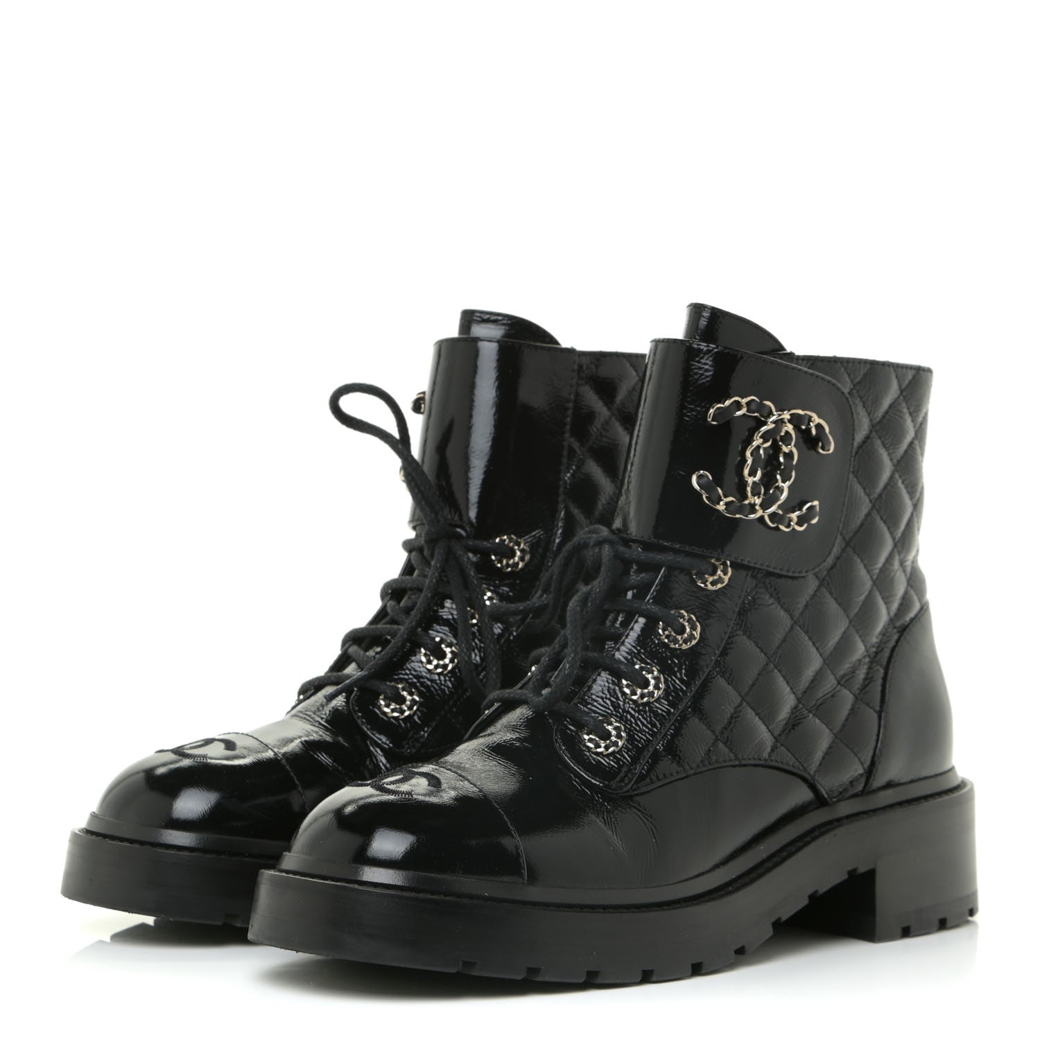 Chanel Shiny Calfskin Quilted Lace Up Combat Boots 38.5 Black 3 of 14