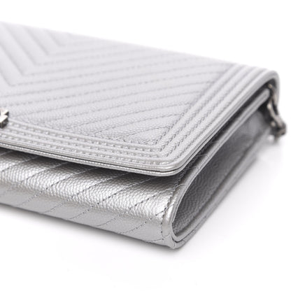 Chanel Metallic Caviar Chevron Quilted Boy Wallet On Removable Chain WOC Silver 11 of 14