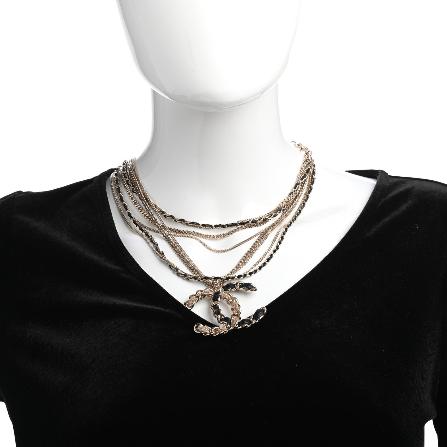 Pearl Lambskin Chain CC Multi Strand Necklace Gold Black