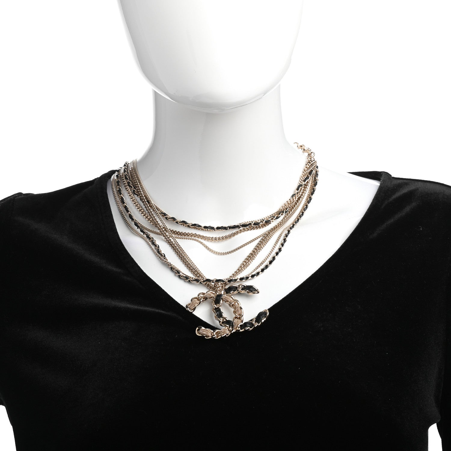 Chanel Pearl Lambskin Chain CC Multi Strand Necklace Gold Black 2 of 5