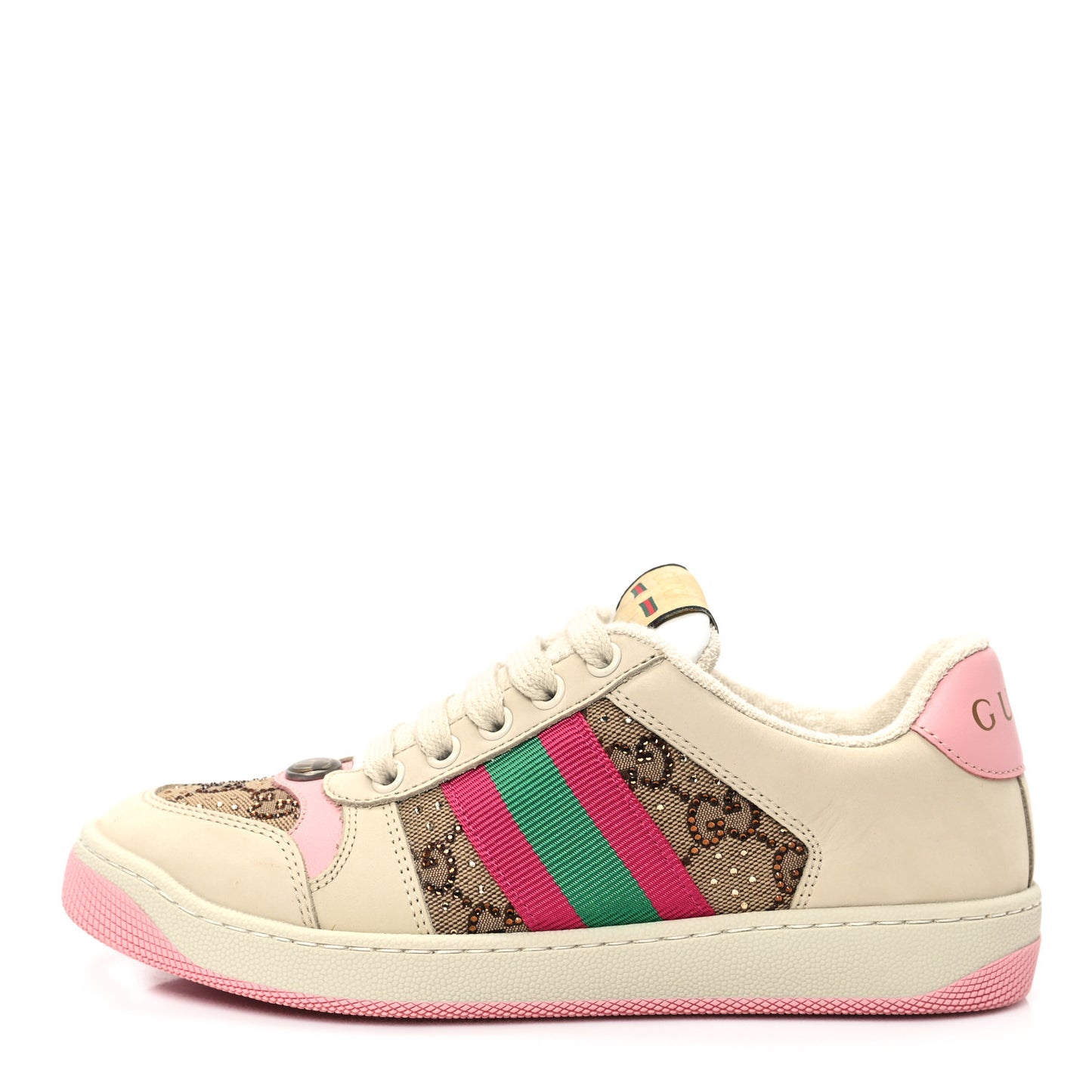 Calfskin GG Supreme Crystals Web Screener Sneakers 35.5 Beige Ebony Wild Rose