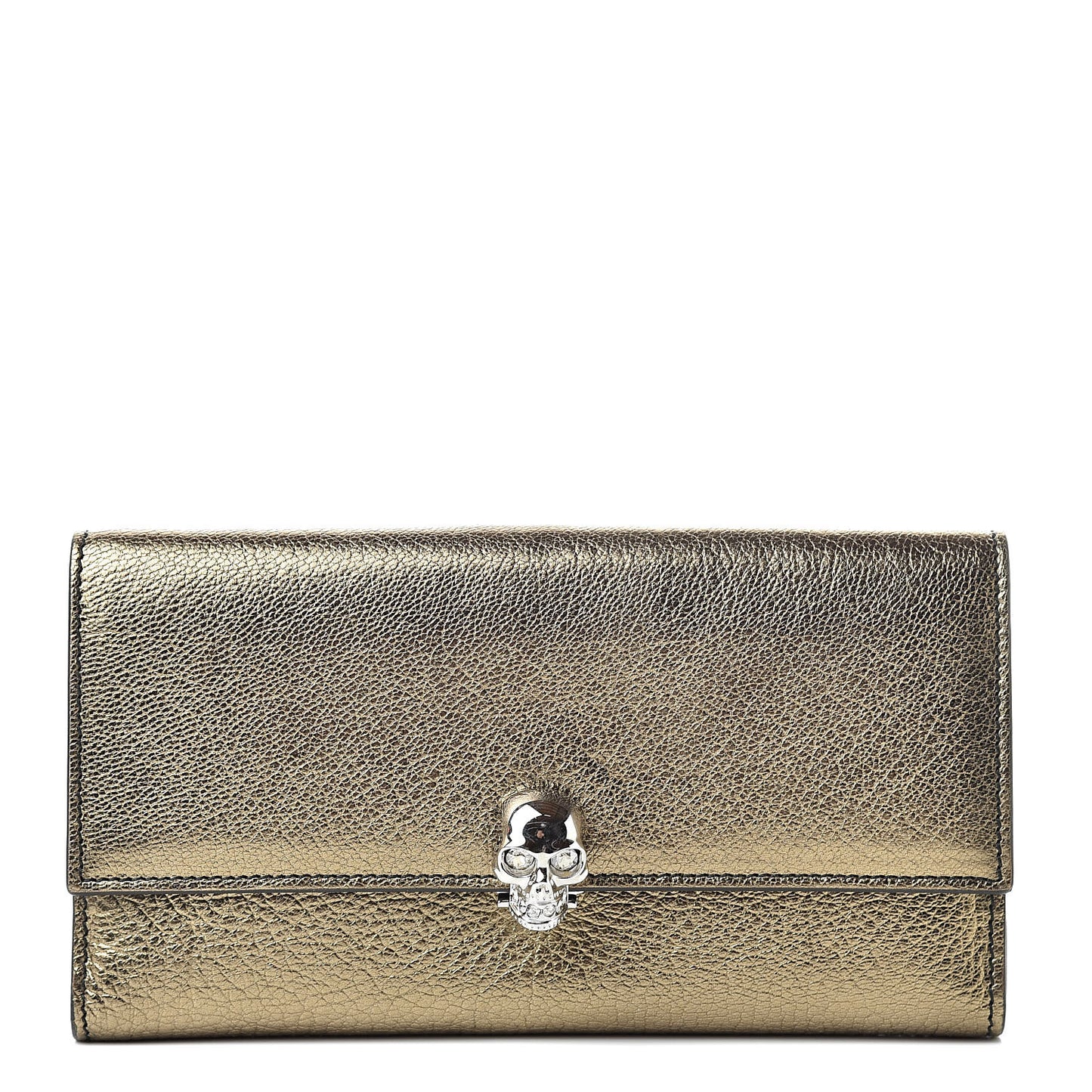 Metallic Calfskin Skull Continental Wallet Antique Gold