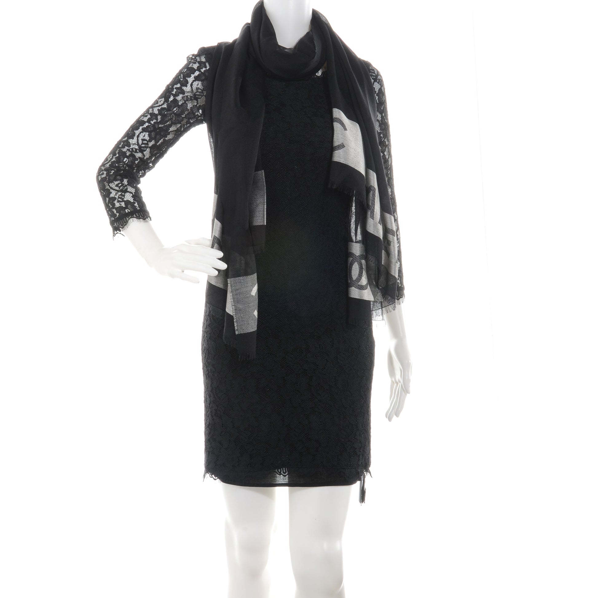 Chanel Cashmere Wool Silk CC Logo Scarf Black 2 of 5