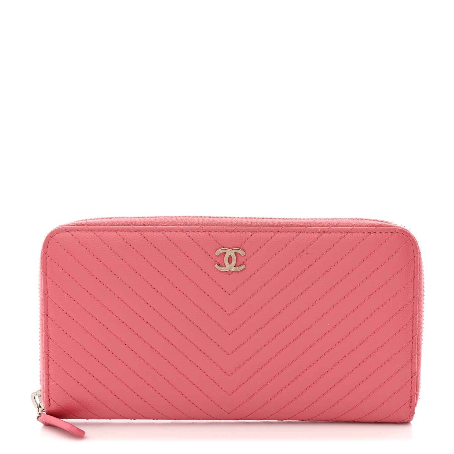Caviar Chevron Large Gusset Zip Around Wallet Pink